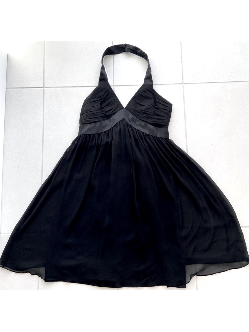 Maggy London Black Silk Chiffon Halter A‑Line Dress – Petite | Size 12P